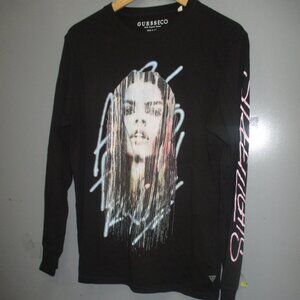 GUESS ECO Shirt Size XS Black With Graphics Long Sleeve 100% Organic Cotton